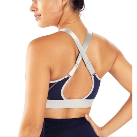 Fabletics Zoe High Impact Sport Bra Size S Navy Blue Grey Front Zip - Picture 2 of 8